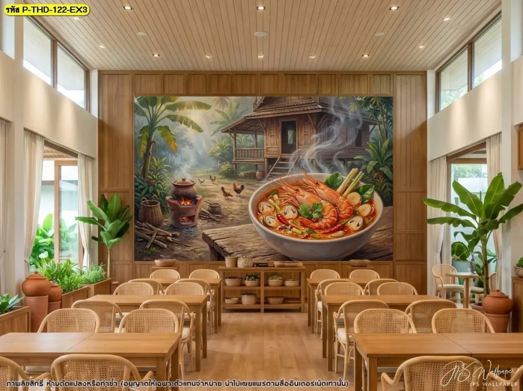 วอลเปเปอร์บ้านไทยชนบทลายต้มยำกุ้งบนผนังใหญ่ของร้านอาหาร