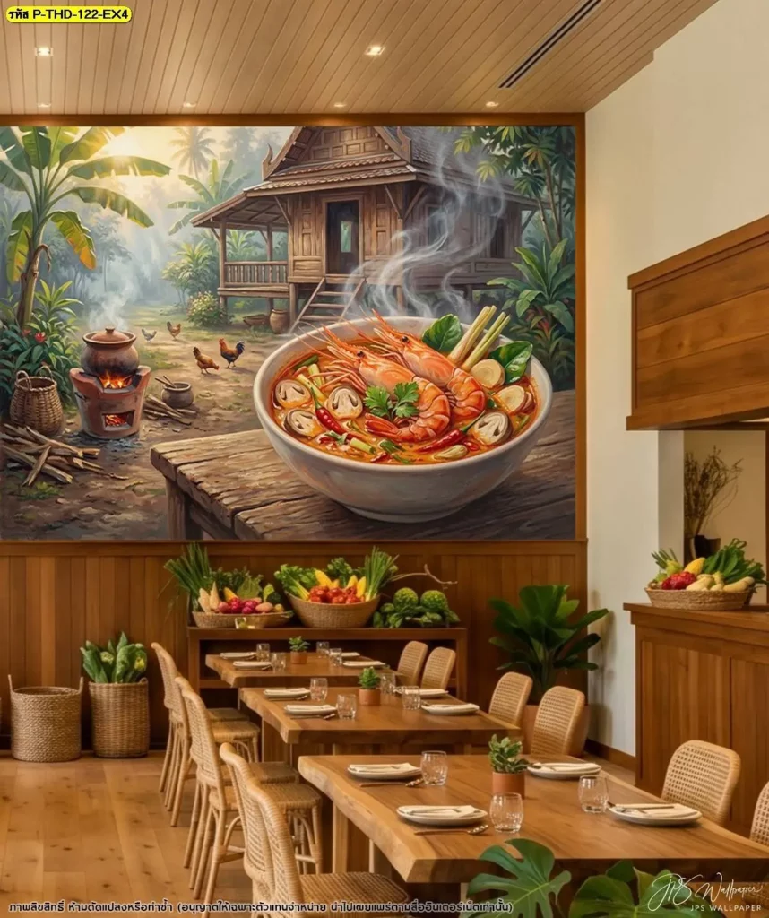ภาพต้มยำกุ้งบ้านไทยชนบทกับร้านอาหารมินิมอลเฟอร์นิเจอร์ไม้