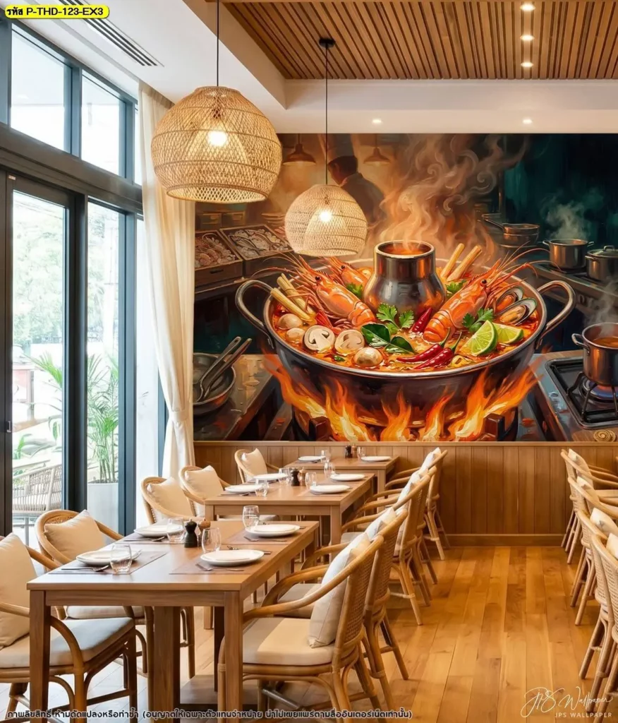วอลเปเปอร์หม้อไฟต้มยำกุ้งในร้านอาหารหรูโทนไม้บรรยากาศอบอุ่น