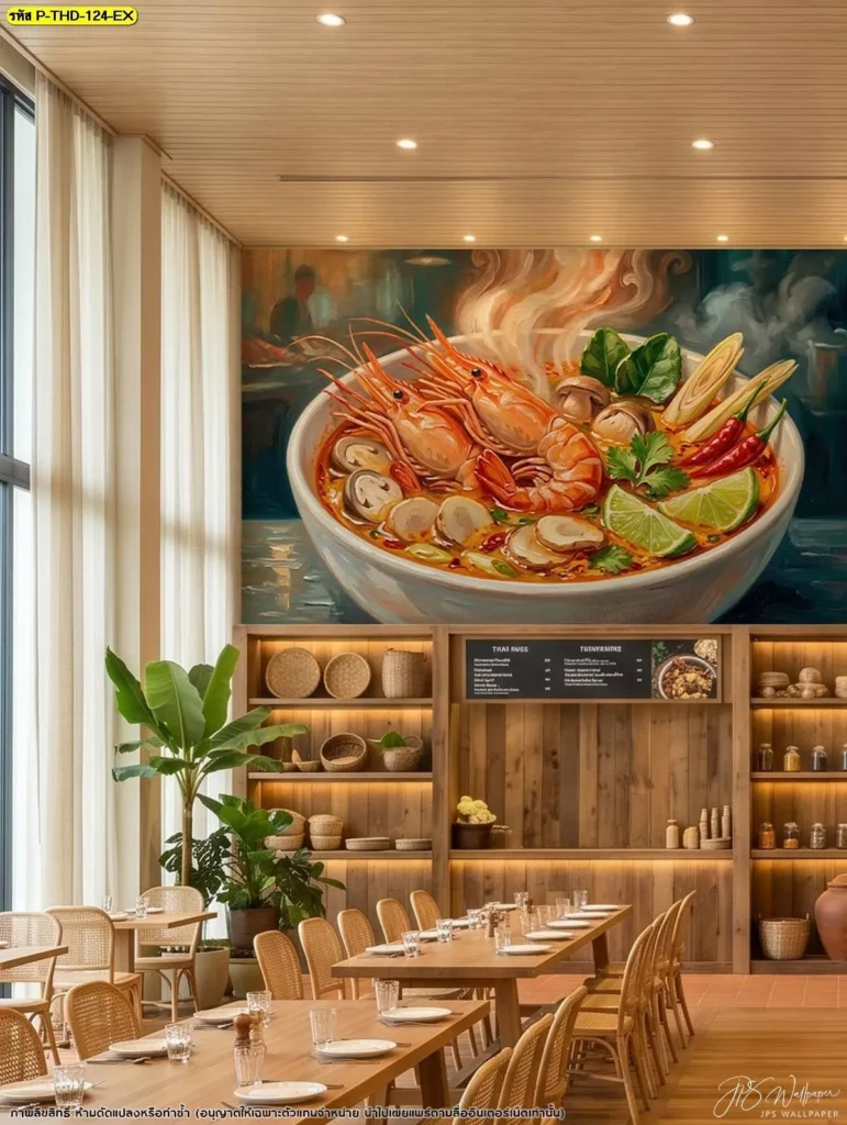 ภาพต้มยำกุ้งเต็มผนังในร้านอาหารไทยโทนไม้