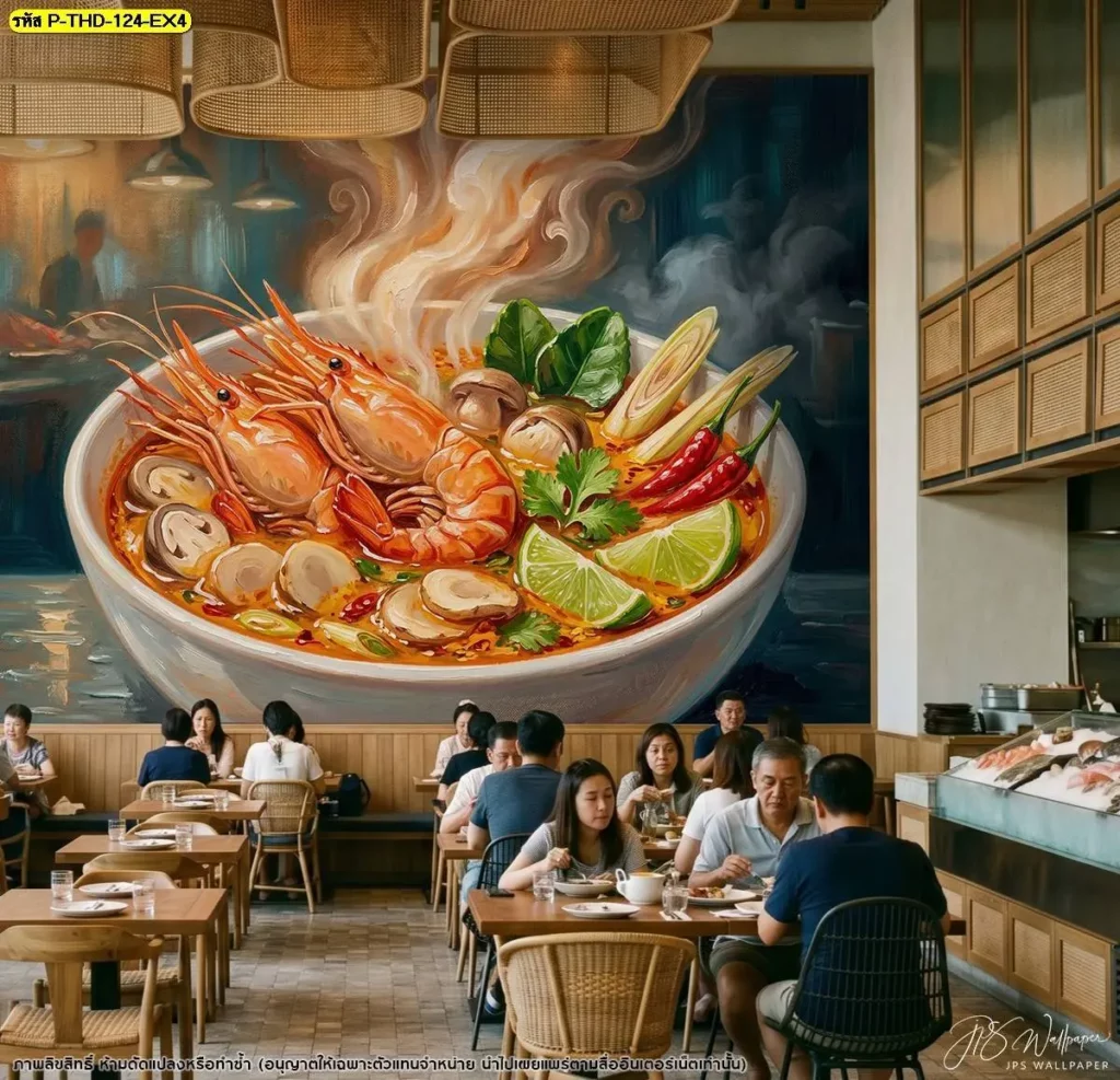 ภาพต้มยำกุ้ง Oversize เป็นผนังเด่นในร้านอาหารขนาดใหญ่