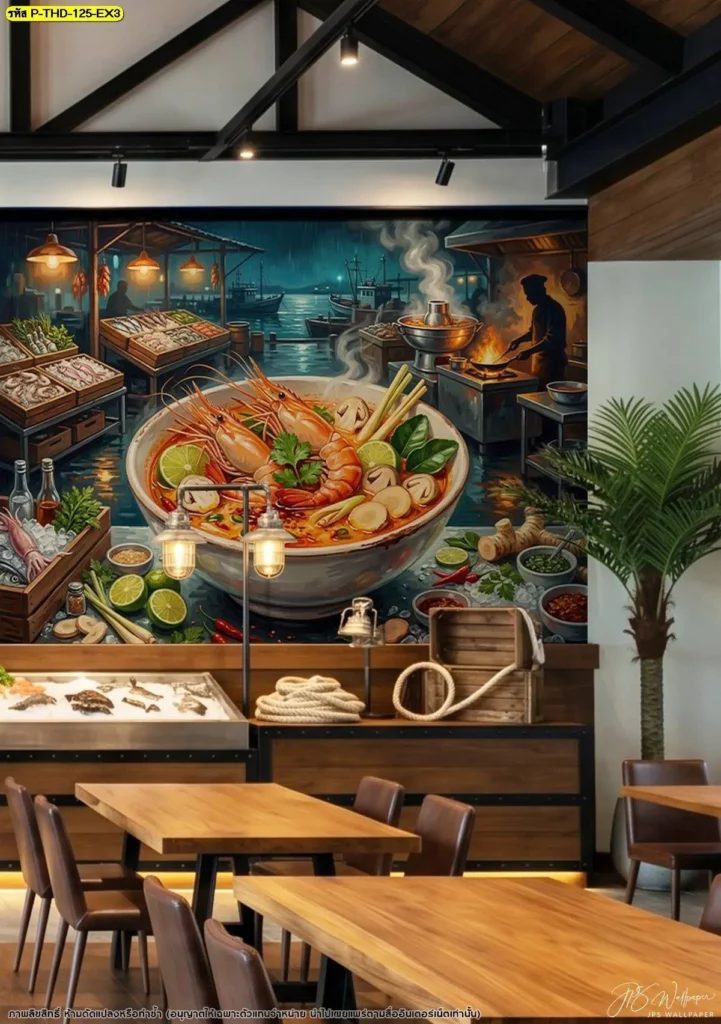 ภาพต้มยำกุ้งบนผนังร้านซีฟู้ดข้างเคาน์เตอร์อาหารทะเลและโต๊ะไม้