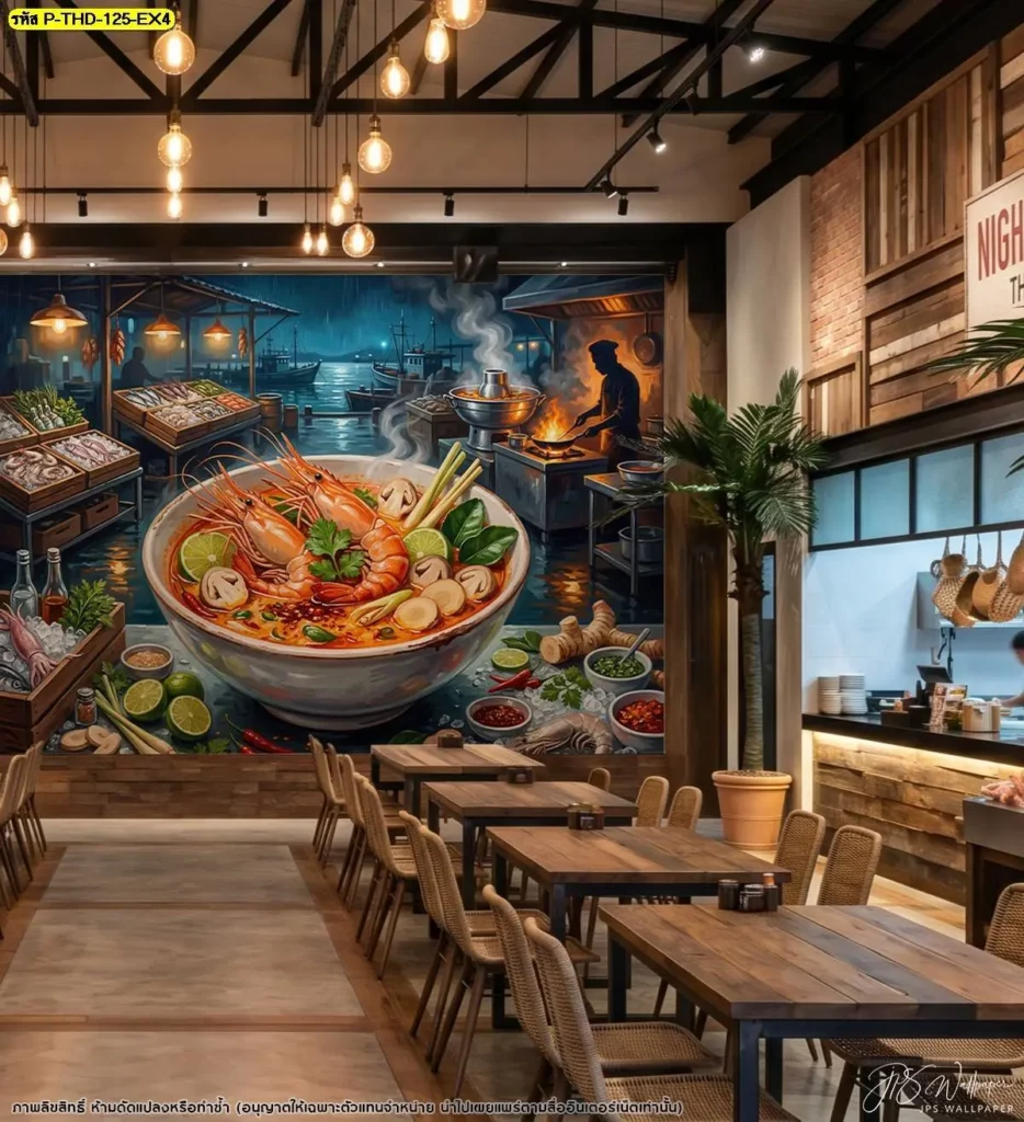 วอลเปเปอร์ต้มยำกุ้งร้านอาหารบนผนังใหญ่ในร้านซีฟู้ดโทนไม้ร่วมสมัย