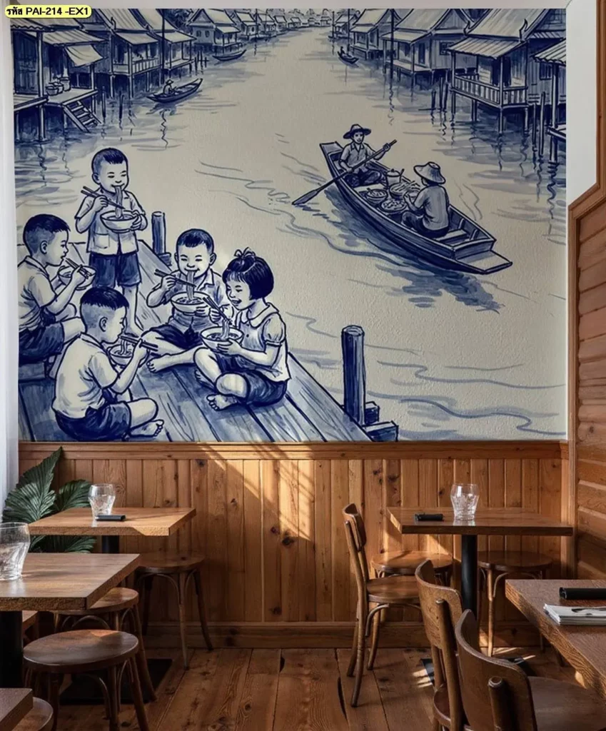 ภาพวาดตลาดน้ำร้านก๋วยเตี๋ยว โทนลายครามแบบไทย