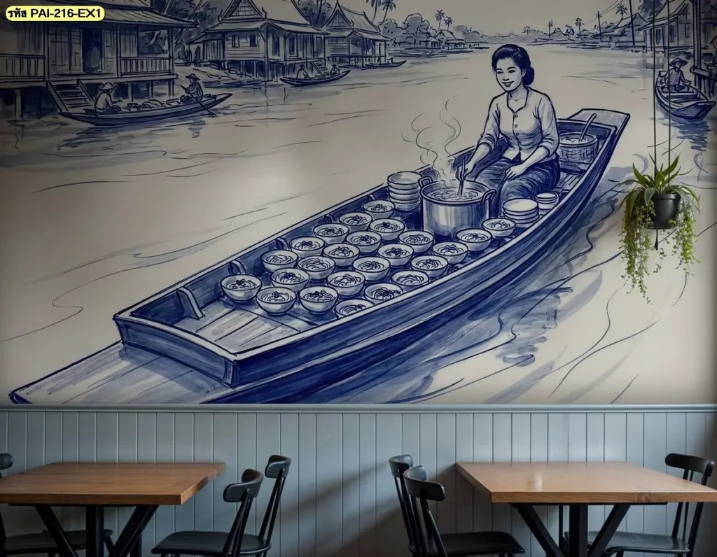 ภาพตลาดน้ำติดผนังลายแม่ค้าบนเรือโทนสีน้ำเงิน