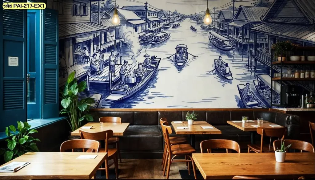 ภาพตลาดน้ำติดผนังร้านก๋วยเตี๋ยวสไตล์ไทยกับโต๊ะไม้