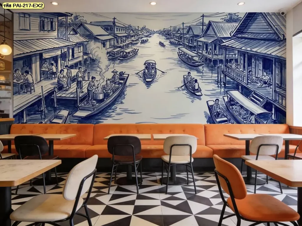 ผนังร้านก๋วยเตี๋ยวสวยๆ ลายตลาดน้ำลายครามโทนน้ำเงิน