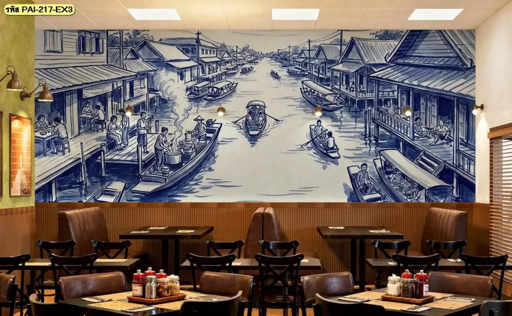 แต่งร้านก๋วยเตี๋ยวสไตล์ไทยด้วยภาพตลาดน้ำและเฟอร์นิเจอร์ไม้