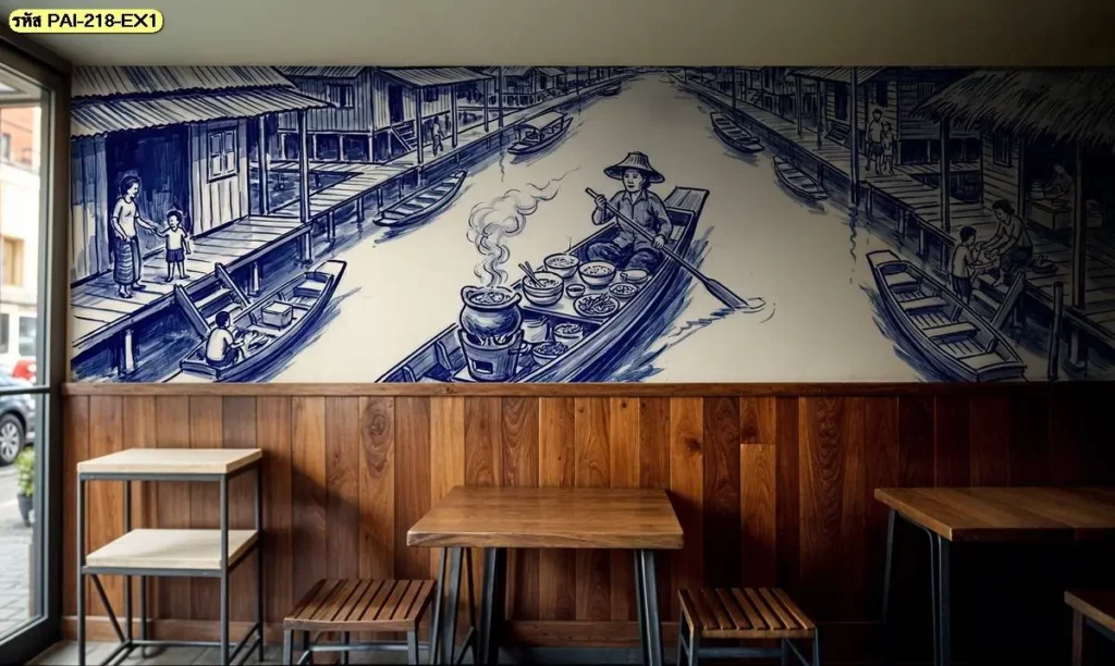 วอลเปเปอร์ลายตลาดน้ำลายครามตกแต่งผนังร้านก๋วยเตี๋ยวขนาดเล็ก พร้อมโต๊ะไม้และพื้นที่นั่งรับประทานอาหาร