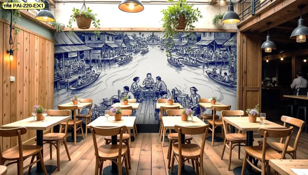 ภาพติดผนังร้านก๋วยเตี๋ยว ลายตลาดน้ำลายครามเต็มผนัง