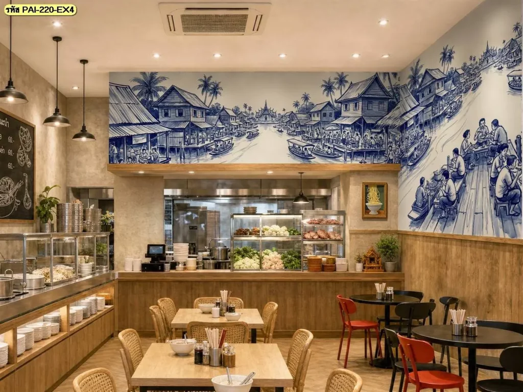 วอลเปเปอร์ลายตลาดน้ำลายคราม สำหรับผนังร้านก๋วยเตี๋ยว