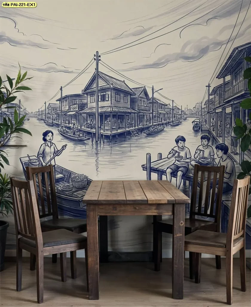วอลเปเปอร์ชุมชนริมน้ำลายครามหลังโต๊ะร้านก๋วยเตี๋ยวไทย