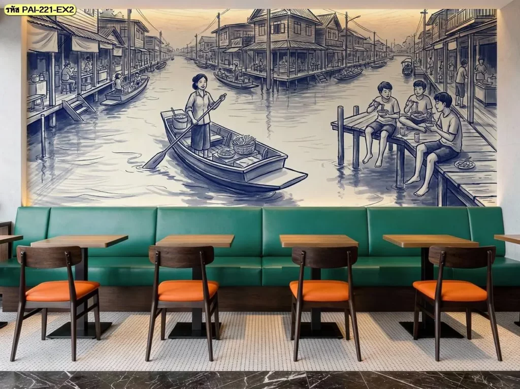 วอลเปเปอร์ร้านก๋วยเตี๋ยวไทยลายตลาดน้ำโทนลายคราม