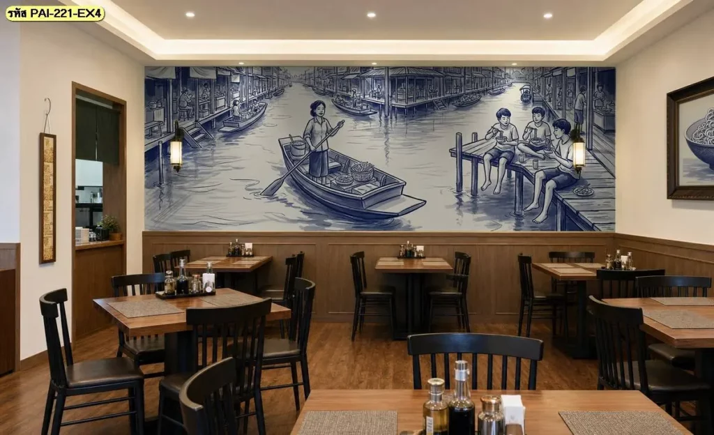 วอลเปเปอร์ชุมชนริมน้ำเต็มผนังร้านก๋วยเตี๋ยวไทย
