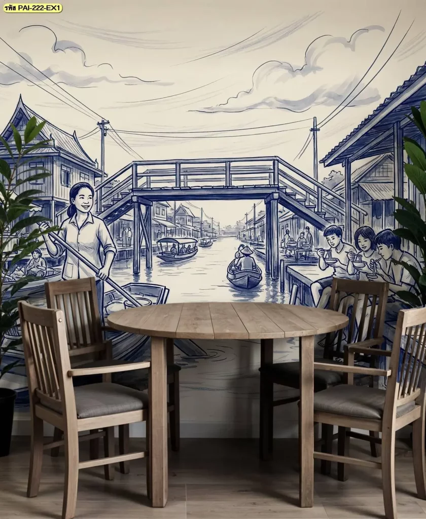 วอลเปเปอร์ภาพตลาดน้ำลายคราม แต่งผนังร้านก๋วยเตี๋ยว