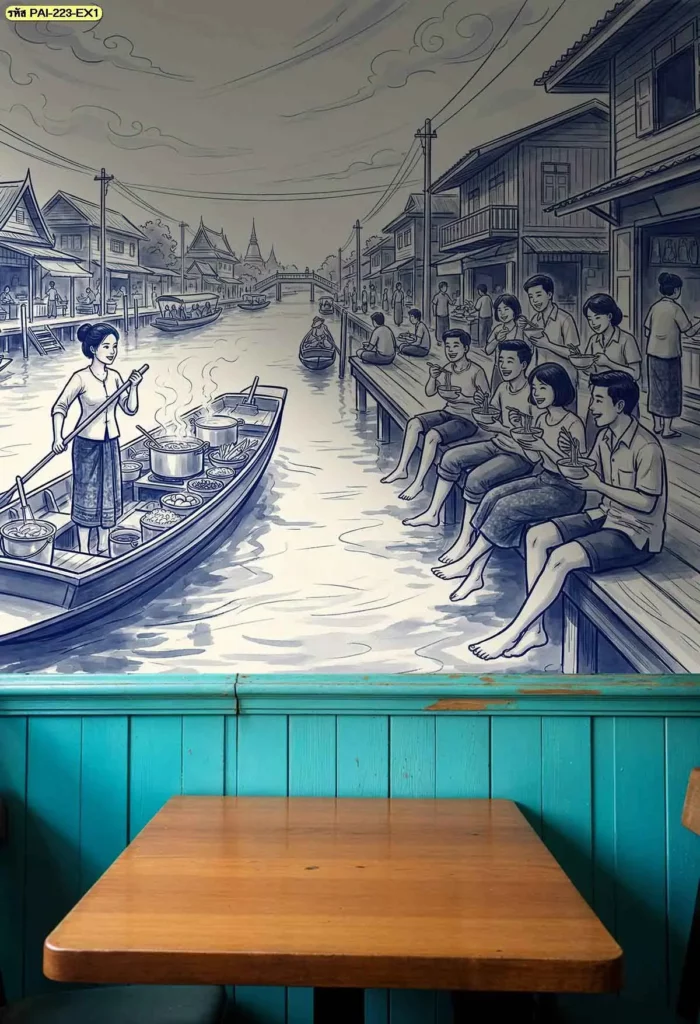 ผนังร้านก๋วยเตี๋ยวลายตลาดน้ำโทนลายคราม