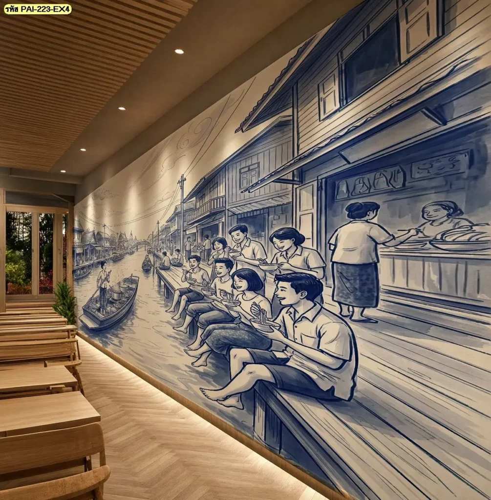 ภาพตลาดน้ำลายครามบนผนังร้านก๋วยเตี๋ยวแนวยาว