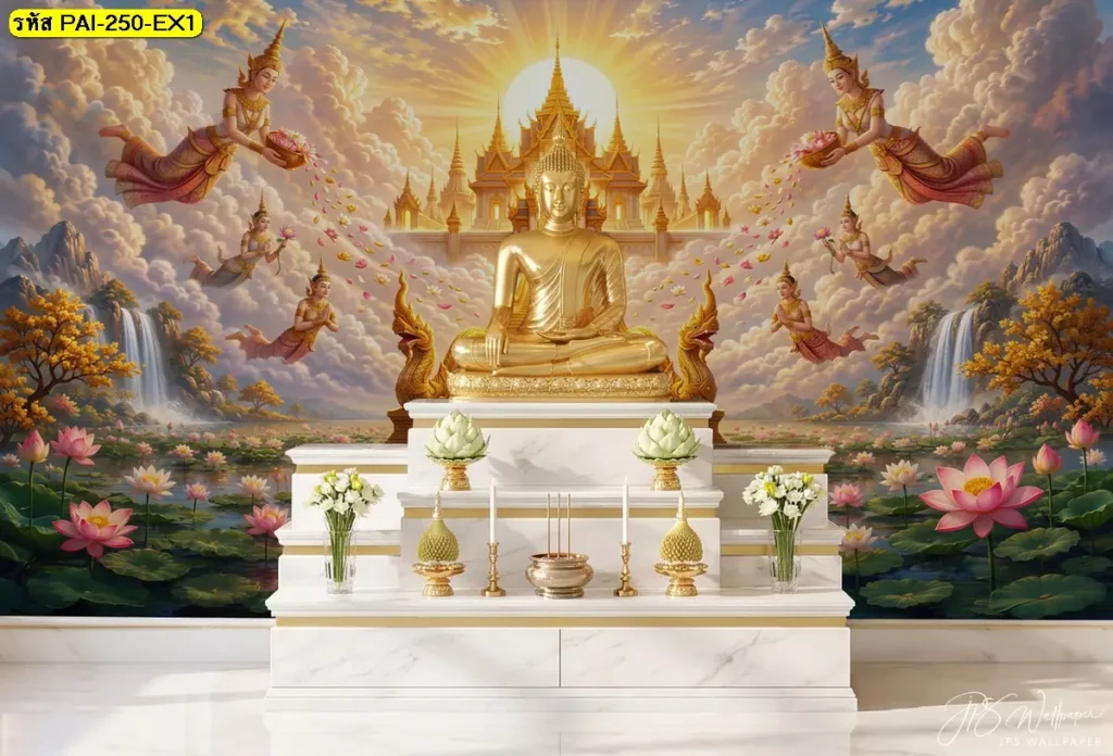 วอลเปเปอร์ลายวัดทองพร้อมพระพุทธรูปสีทองบนแท่นหินอ่อนและดอกบัว