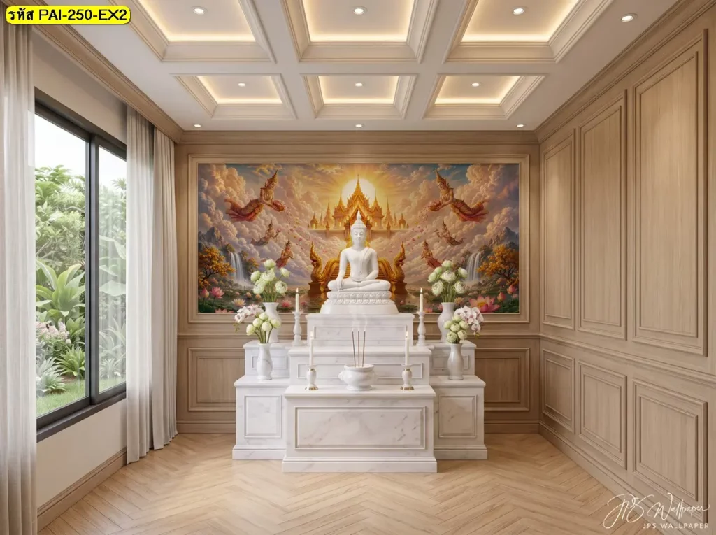 วอลเปเปอร์ลายวัดทองพระพุทธรูปสีขาวกลางภาพปราสาทและท้องฟ้าสีทอง
