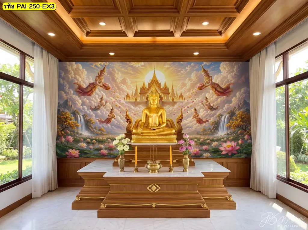 วอลเปเปอร์ลายวัดทอง พระพุทธรูปสีทองกลางปราสาทบนท้องฟ้าและบัวชมพู