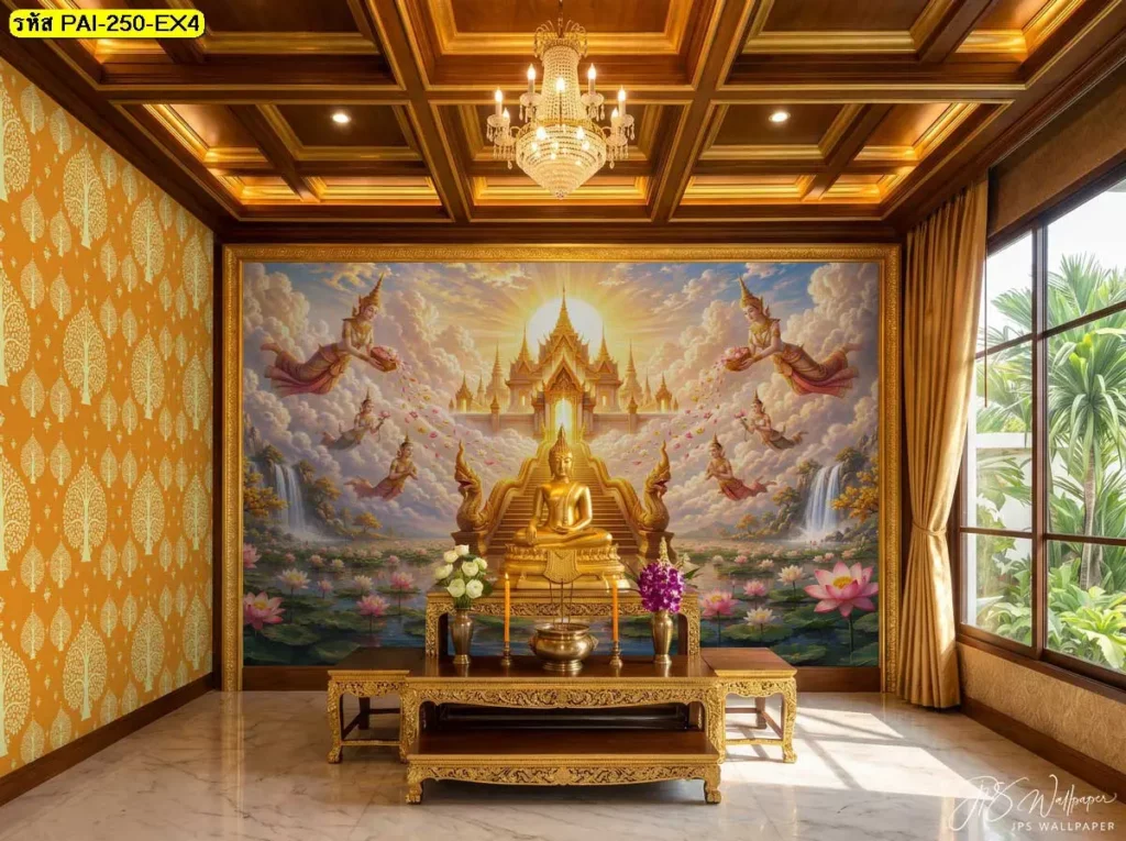 วอลเปเปอร์ลายวัดทองพร้อมพระพุทธรูปสีทอง ตกแต่งห้องพระเพดานไม้