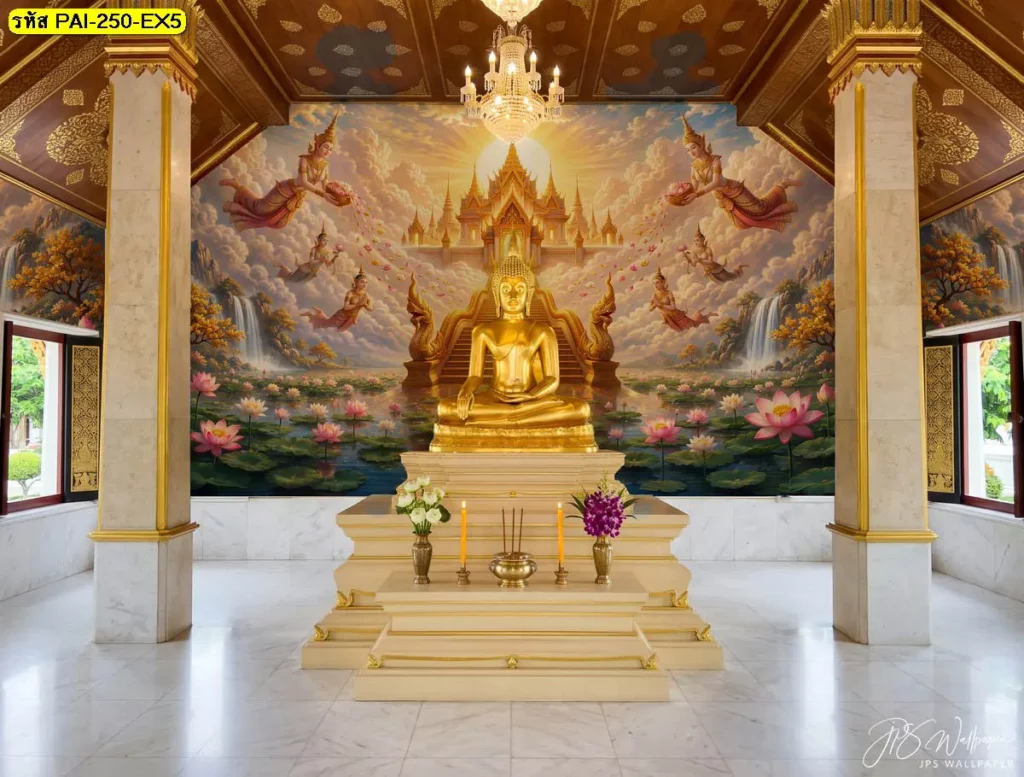 วอลเปเปอร์ลายวัดทองภาพพระพุทธรูปกลางปราสาท รายล้อมด้วยดอกบัวและเทวดา