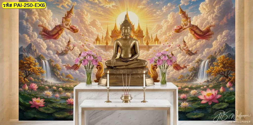 วอลเปเปอร์ลายวัดทองภาพพระพุทธรูปสีเข้มกลางปราสาท รายล้อมด้วยดอกบัวชมพู