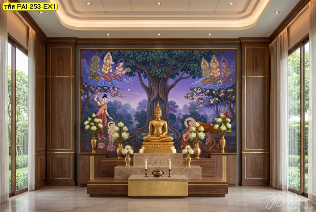 วอลเปเปอร์ลายพุทธประวัติพร้อมพระพุทธรูปสีทอง ตกแต่งห้องพระโทนไม้