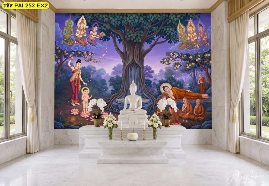 วอลเปเปอร์ลายพุทธประวัติใต้ต้นโพธิ์ พร้อมพระพุทธรูปสีขาวในห้องพระหินอ่อน