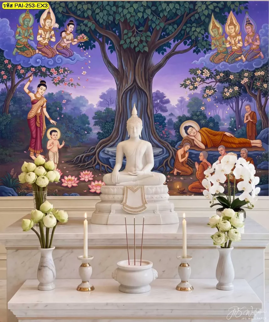 วอลเปเปอร์ลายพุทธประวัติใต้ต้นโพธิ์ พร้อมพระพุทธรูปสีขาวในห้องพระ
