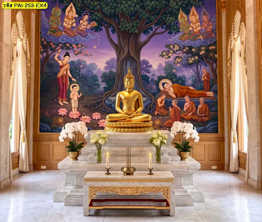 วอลเปเปอร์ลายพุทธประวัติพร้อมพระพุทธรูปสีทองและผนังไม้ในห้องพระ