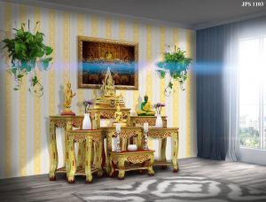 วอลเปเปอร์ติดผนังลายกนกไขว้ช่อหางโต สีทองพื้นขาว