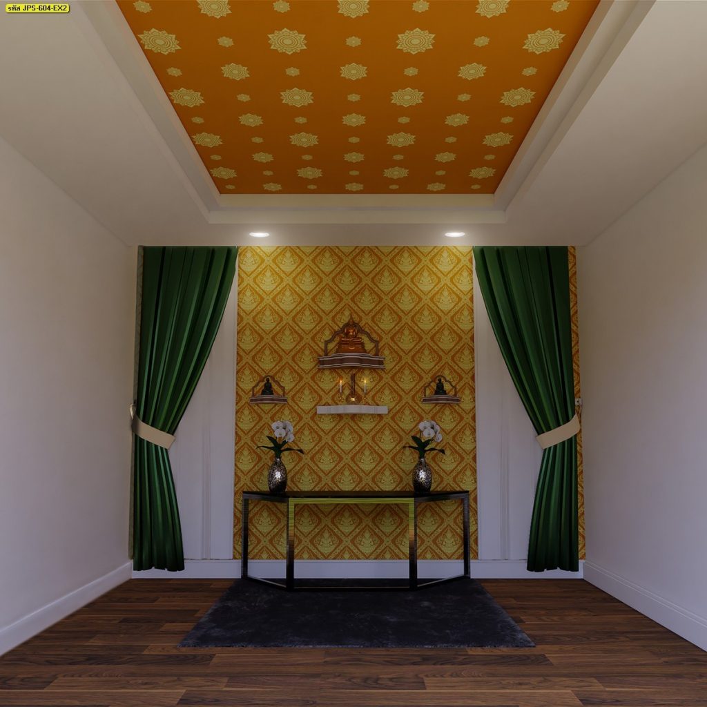 ออกแบบห้องพระสวยๆ ด้วยวอลเปเปอร์ติดผนังลายดอกดาว สีเหลือง