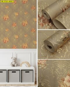 วอลเปเปอร์ลายดอกไม้โทนส้มอ่อนแนวอบอุ่น เหมาะสำหรับตกแต่งผนังห้องเด็กและบ้าน เพิ่มความสดใส นุ่มนวล และเป็นมิตร