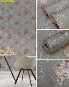 วอลเปเปอร์ลายดอกไม้สีเทาเงินสไตล์สุภาพ เหมาะสำหรับตกแต่งผนังออฟฟิศและพื้นที่รับรอง ดูเรียบ หรู และเป็นมืออาชีพ