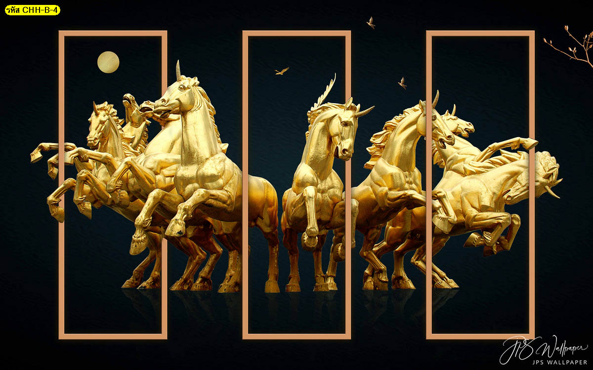 ภาพฝูงม้าสีทองกำลังดีดออกจากกรอบรูปสี่เหลี่ยมพื้นหลังดำ วอลเปเปอร์ม้ามงคล ภาพม้ามงคลเสริมฮวงจุ้ย 