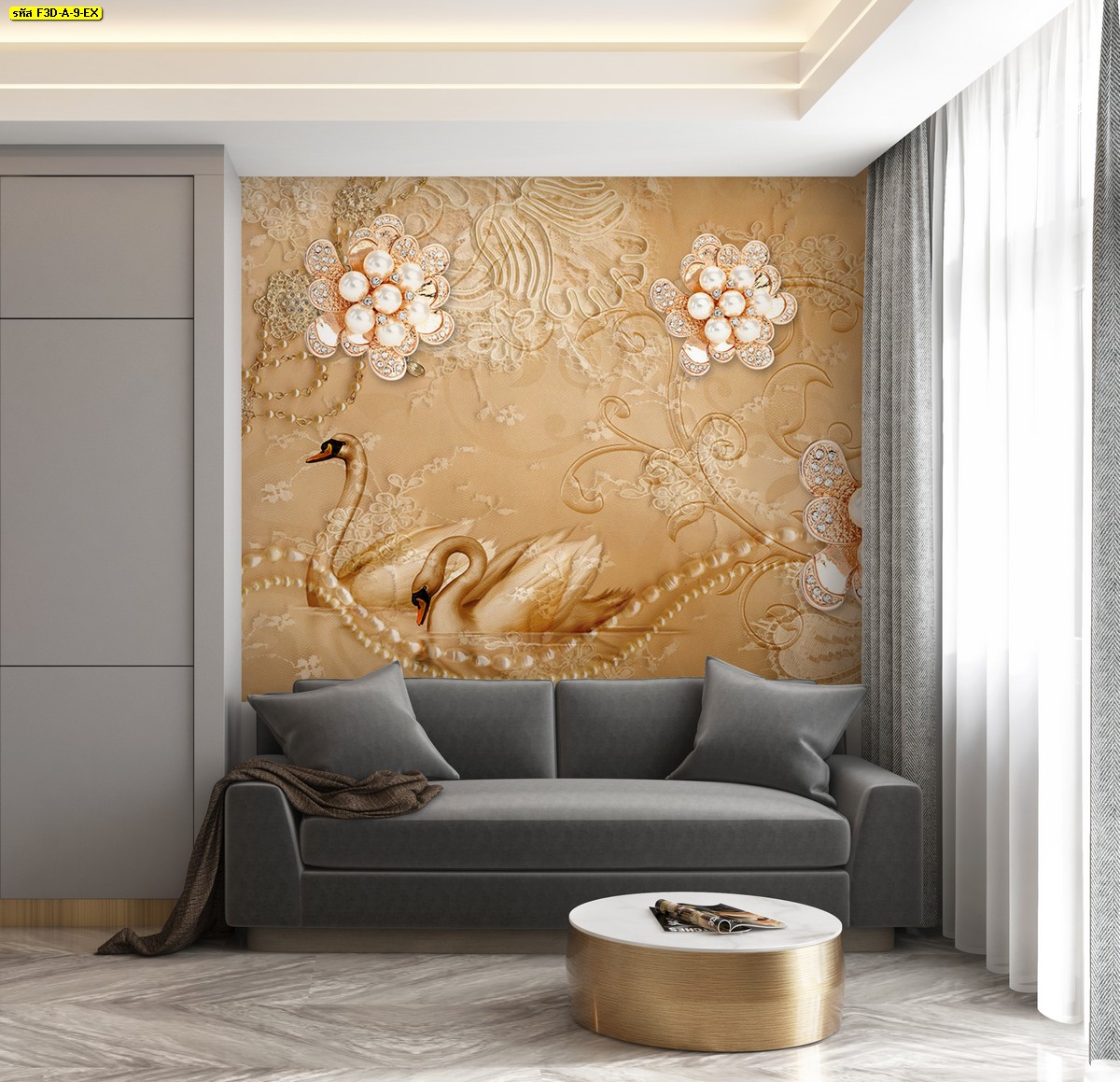 Wallpaper สั่งปริ้นลายหงส์และดอกไม้เพชรพื้นทอง ผนังพื้นหลังสวยหรูอลังการ วอลเปเปอร์ห้องรับแขกสไตล์หรู