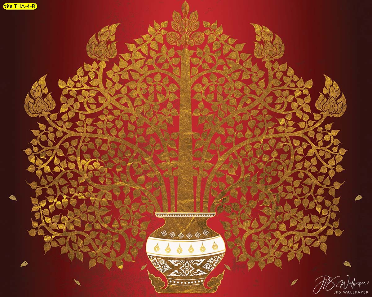 วอลเปเปอร์ลายไทยแจกันต้นโพธิ์ทองพื้นหลังสีแดง ฉากหลังห้องพระสวยๆ วอลเปเปอร์ห้องพระ