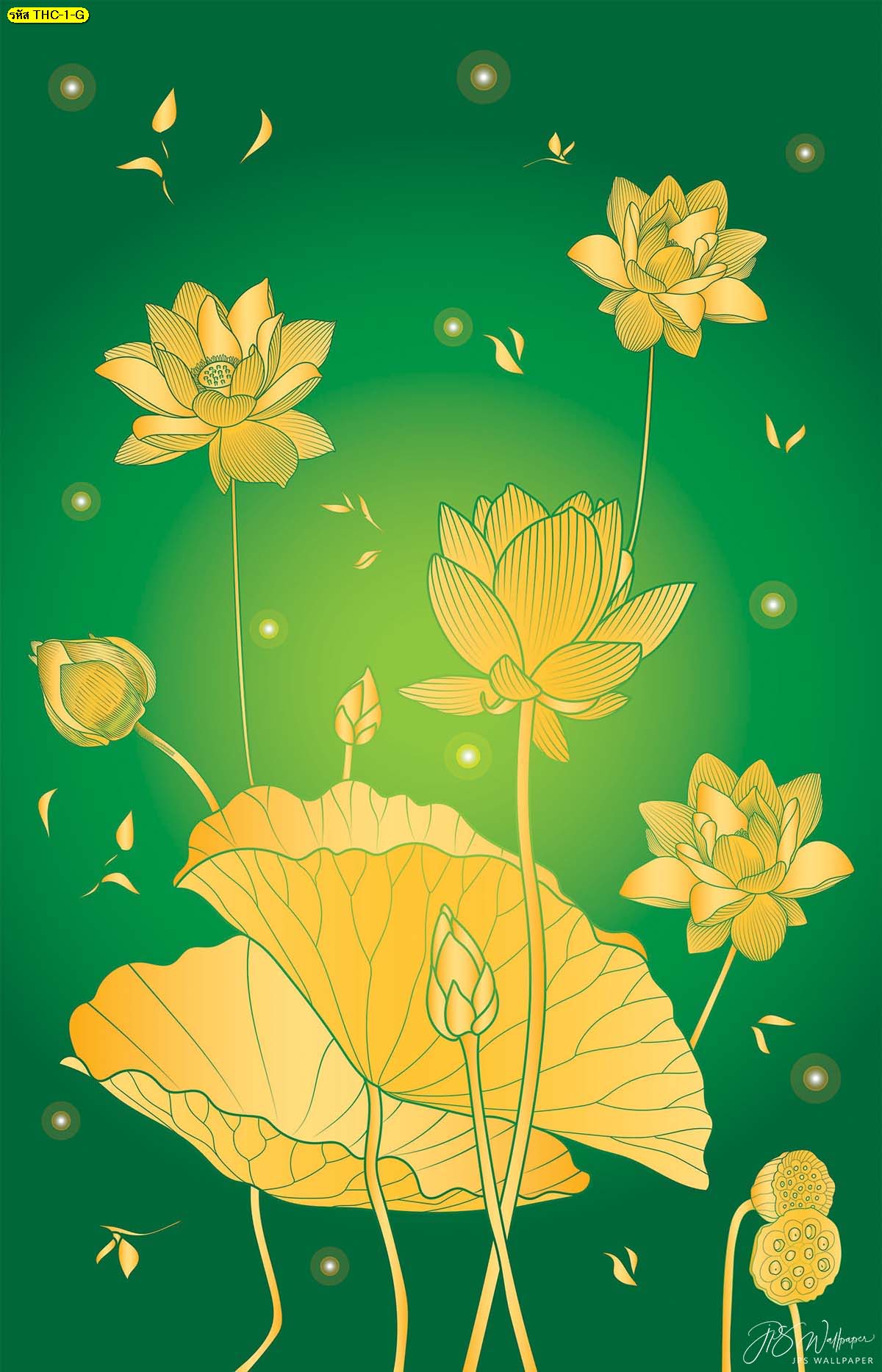 วอลเปเปอร์ลายดอกบัวทองพื้นสีเขียว รูปดอกบัวบาน ฉากหลังห้องพระสวยๆ