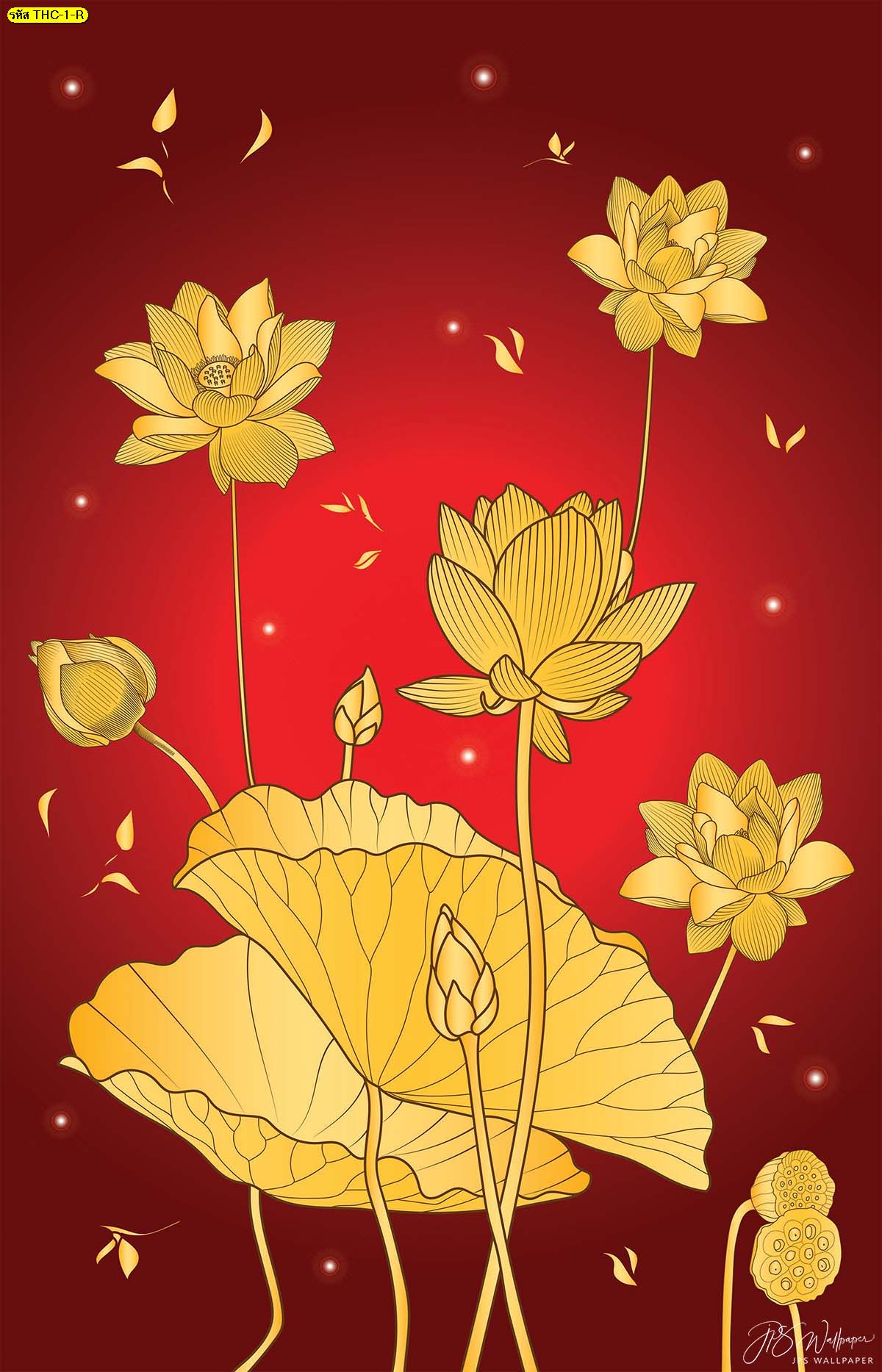 วอลเปเปอร์ลายดอกบัวทองพื้นสีแดง รูปดอกบัวบาน ฉากหลังห้องพระสวยๆ