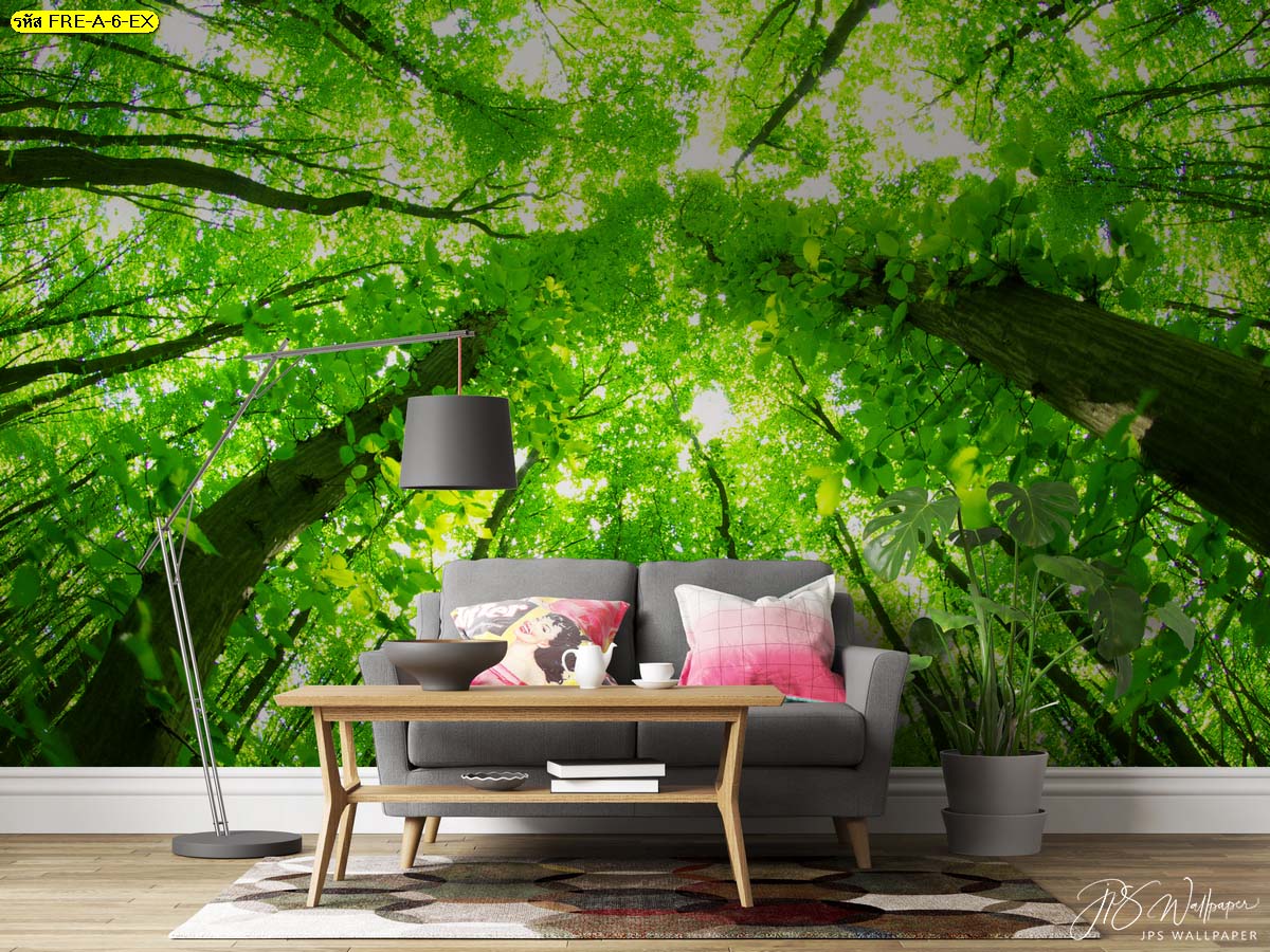 วอลเปเปอร์แสงแดดยามเช้าในป่าสีเขียวอุดมสมบูรณ์ ห้องนั่งเล่นแต่งผนังลายต้นไม้สวยๆ