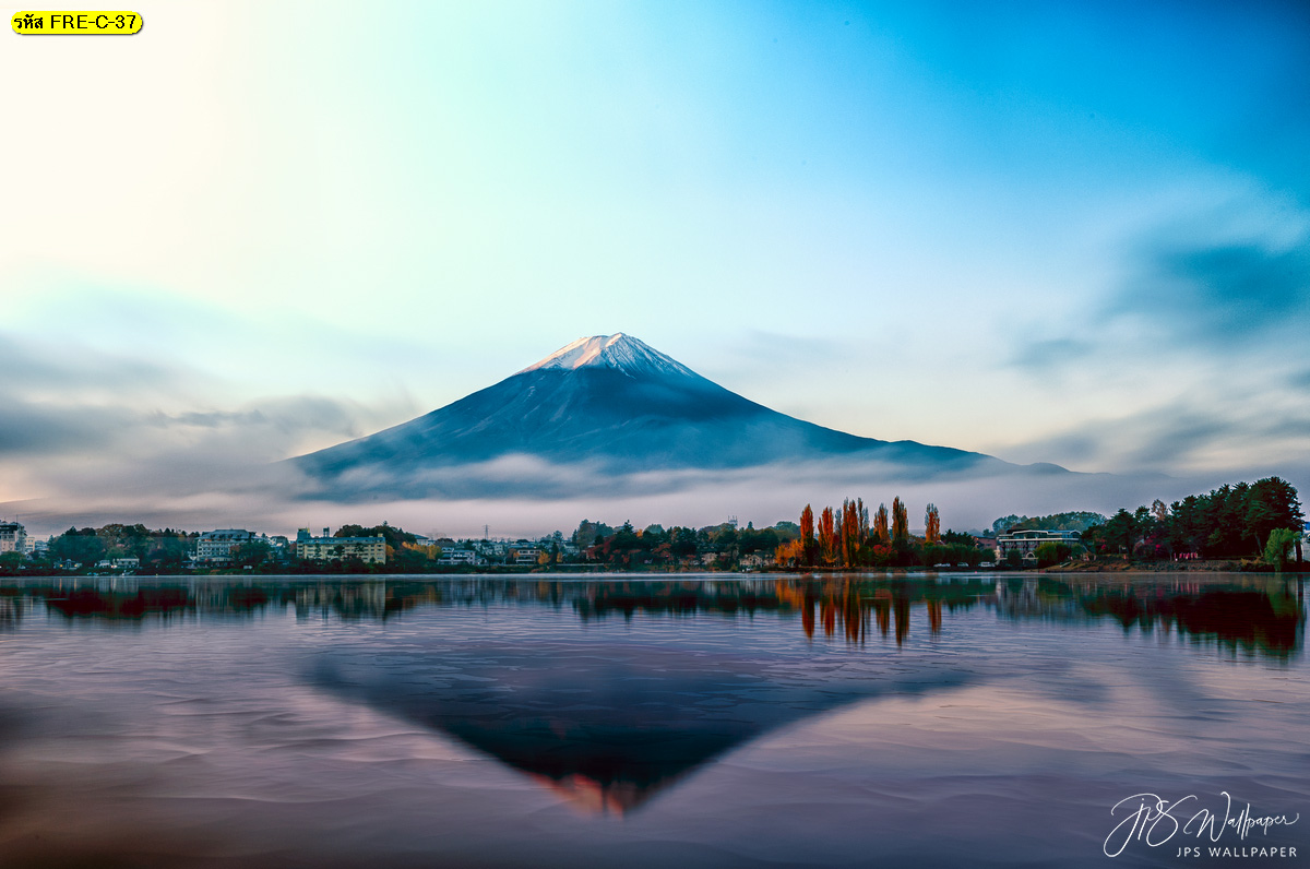 วอลเปเปอร์สั่งพิมพ์ลายภูเขาฟูจิและทะเลสาบสวยๆ วิวประเทศญี่ปุ่น