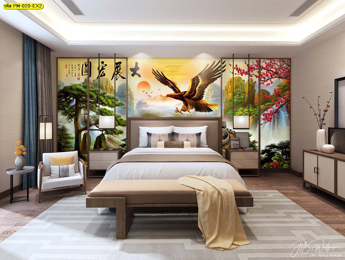 วอลเปเปอร์ห้องนอนหรูหราสไตล์จีน ภาพพิมพ์ลายนกอินทรีกำแพงเมืองจีน 