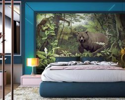 แต่งห้องนอนให้อยู่ท่ามกลางป่าไม้ ภาพสั่งพิมพ์หมีในป่าโทนสีอ่อน