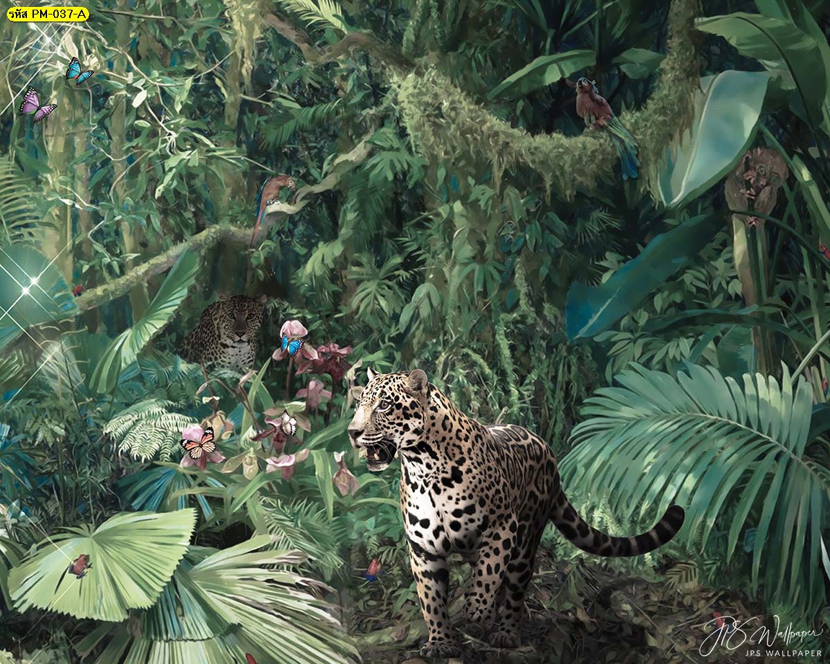 วอลเปเปอร์ลายเสือดาวคำรามกลางป่าดิบชื้นโทนสีอ่อน ภาพสั่งพิมพ์ติดผนัง
