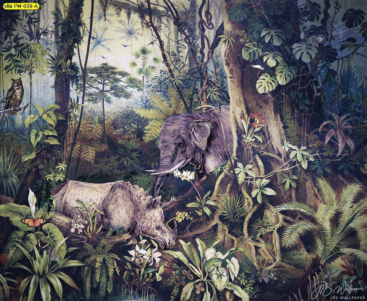 วอลเปเปอร์ช้างและแรดในดงป่าโทนสีเย็น วอลเปเปอร์สวนป่า ช้างในป่า สัตว์ใหญ่ในสวนป่า