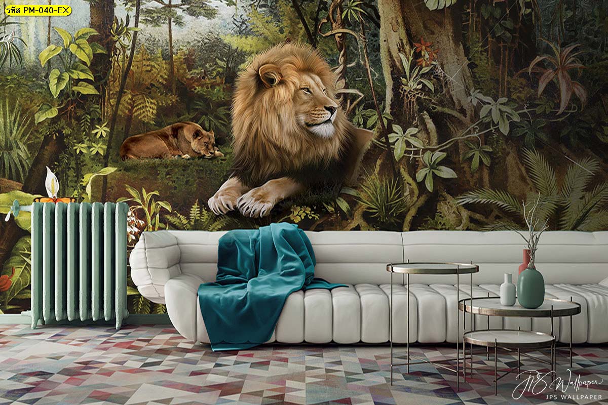 โซฟาขนาดใหญ่สวยหรูในห้องนั่งเล่นตกแต่งธรรมชาติ สิงโตในสวนป่า สิงโตคู่
