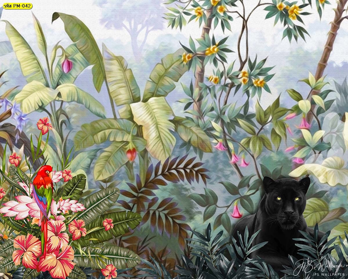วอลเปเปอร์ลายเสือดำในป่าดอกไม้โทนสีธรรมชาติ เสือดำในสวนป่า