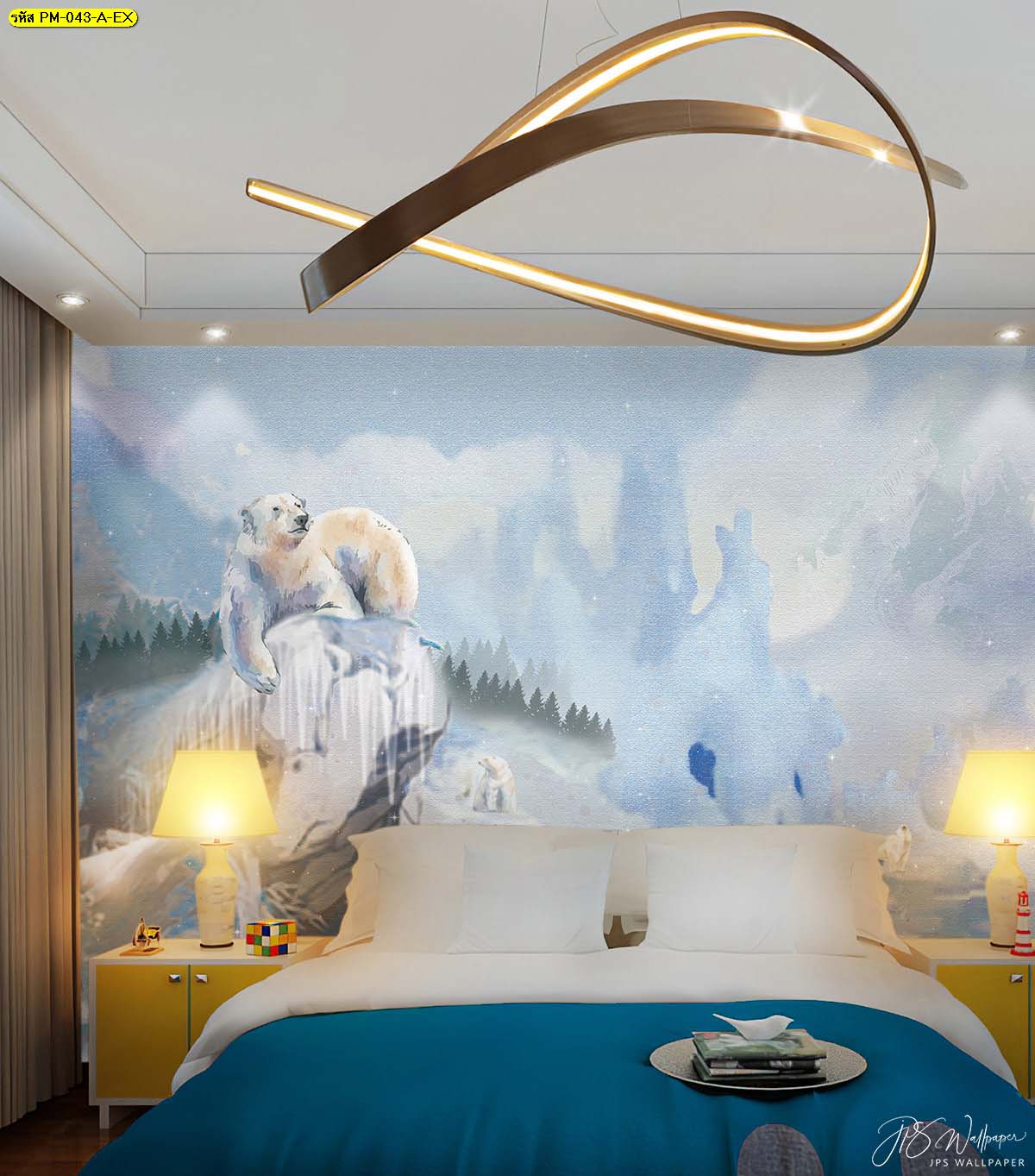 ภาพพิมพ์หิมะโปรยปรายฤดูหนาวในห้องนอนกับที่นอนแสนอบอุ่น วอลเปเปอร์หมีขั้วโลก