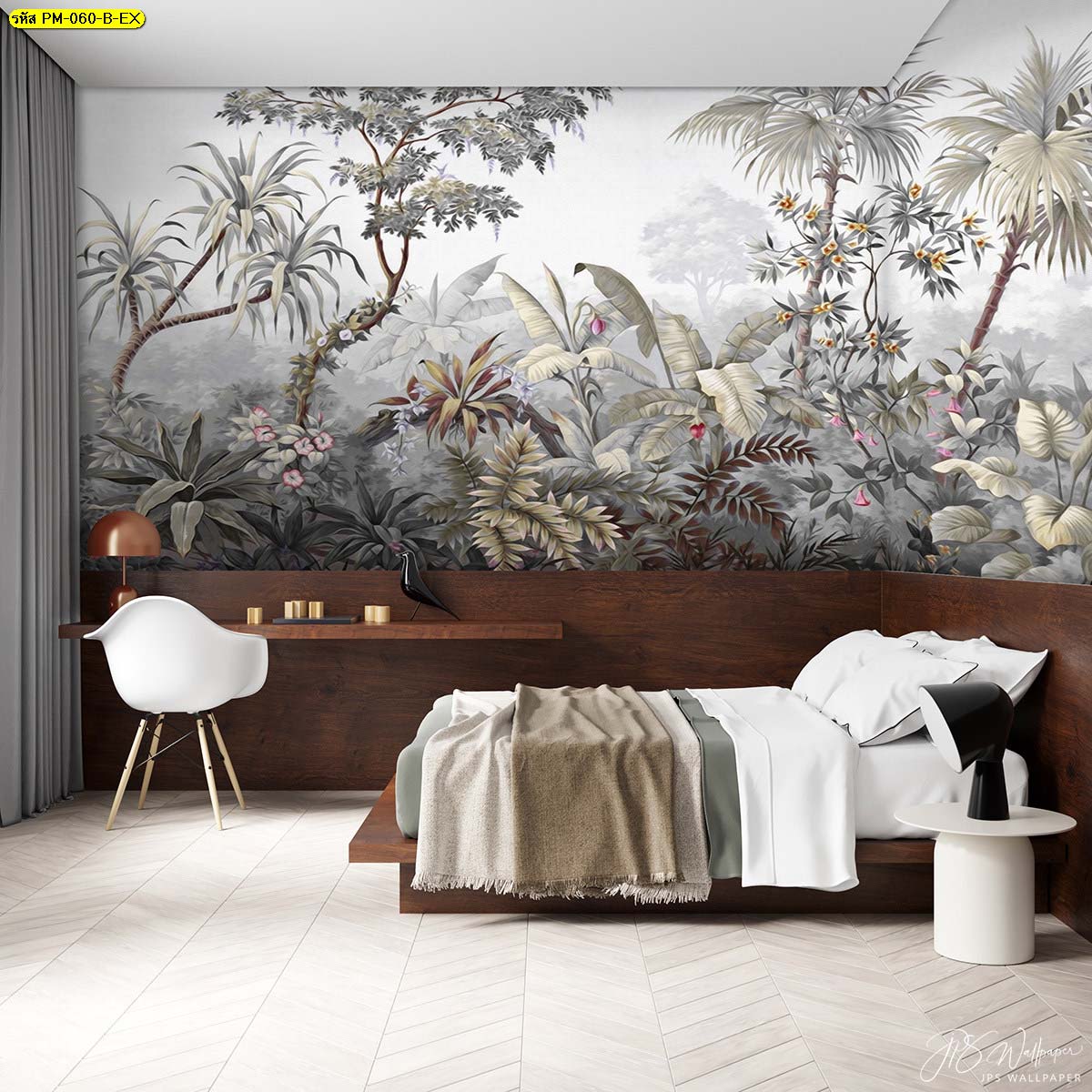 เตียงไม้สีเข้ม สร้างสัมผัสความอบอุ่นในห้องนอน วอลเปเปอร์สวนป่ายุโรป